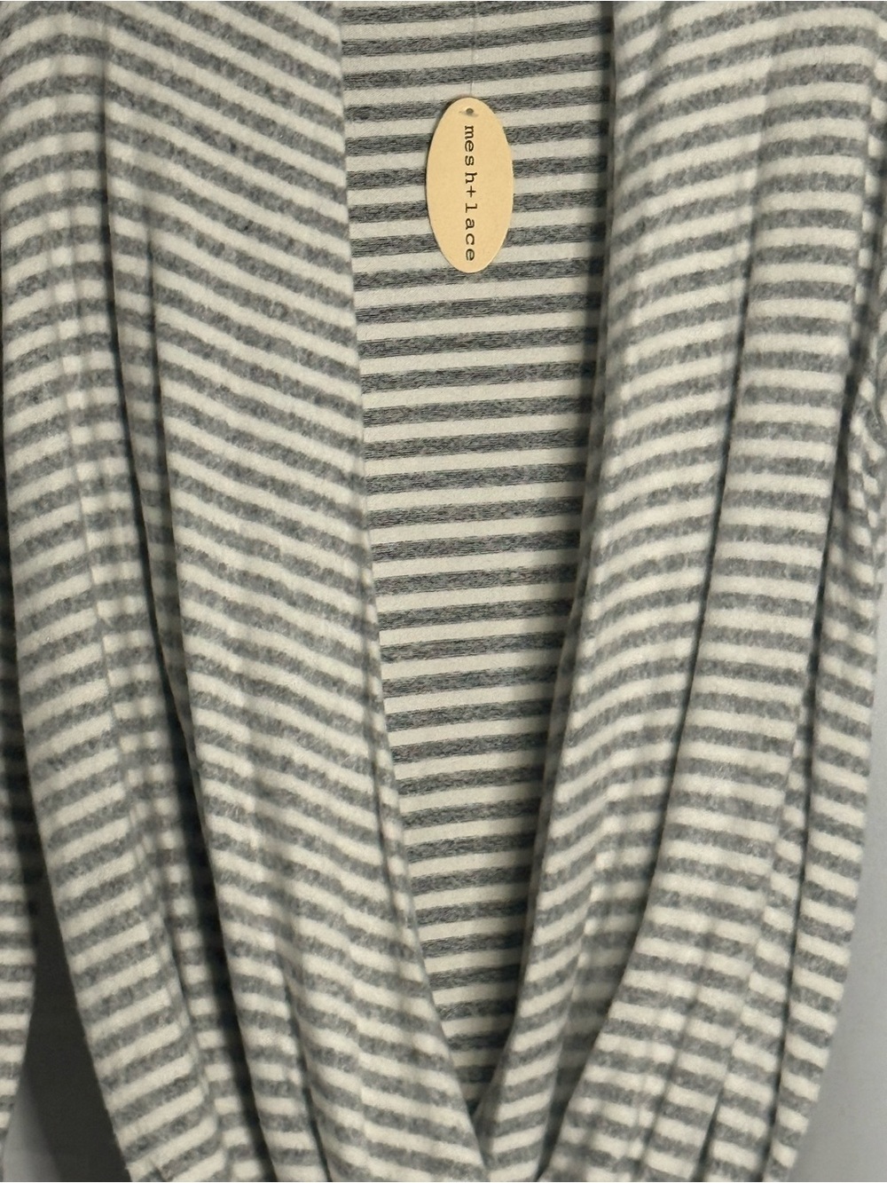Mesh + Lace Gray and White Striped Women’s Wrap Draped Sweater Size Large
